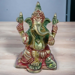 Brass Lord Ganesha Small Statue |  A Symbol of Prosperity and Peace | Brass Ganesha Showpiece ( Multi Color, 3.1 inch)