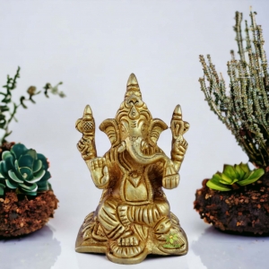 Brass Ganesha Showpiece | For Home, Office, and Temples | Traditional Brass Ganesha Murti ( Yellow, 3.1 inch)