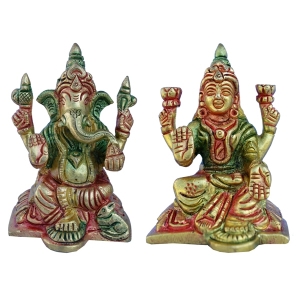 Brass Lakshmi Ganesha Idol Pair | Blessings of Wealth and Prosperity for Your Space | Elegant Brass Lakshmi Ganesha Set ( Multi Colour, 3.1 inch)