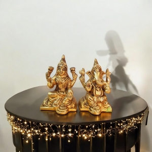 Premium Brass Lakshmi & Ganesha Pair Murti | Spiritual Blessings for Your Home | Brass Lakshmi Ganesha Duo Set ( Yellow, 3.1 inch)