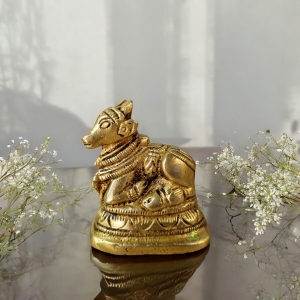 Handcrafted Brass Nandi Murti | A Divine Presence for Your Sacred Space | Brass Nandi Figurine ( Yellow, 2 inch)