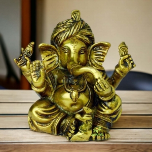 Handmade Brass Ganesha Murti | Antique Design for Divine Blessings and Beauty | Brass Handmade Antique Ganesha Statue ( Yellow, 6.5 inch)