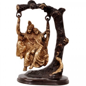 Handcrafted Brass Radha Krishna on Swing | A Perfect Blessing for Pooja and Home Decor | Brass Radha Krishna Swing Idol ( Brown, 7 inch)