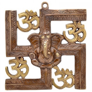 Brass Ganesha Swastik Wall Hanging | Traditional Religious Symbol | Handcrafted Brass Ganesha Swastik Wall Hanging Items ( Brown, 8 inch)