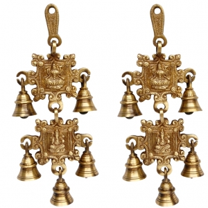 Brass Laxmi Ganesha Engraved Wind Chime | Divine Protection and Prosperity | Brass Religious Wall Hanging ( Yellow, 9.5 inch)