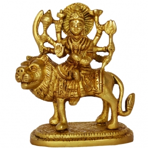 Goddess Durga Brass Statue | Blessings for Your Family and Home | Brass Durga Maa Handmade Idol ( Yellow, 4 inch)