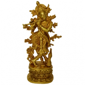 Brass Lord Krishna Statue |  Elegant and Sacred Home Accent | Krishna Brass Idol ( Yellow, 12 inch)