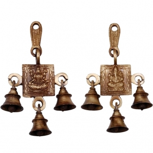 Brass Lakshmi Ganesha Wind Chime |  Lakshmi Ganesha for Prosperity and Peace | Brass Religious Wall Hanging ( Brown, 6.8 inch)
