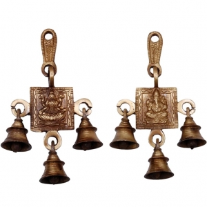 Aakrati 3 Bells Brass Hanging Hindu God Ganesha and Goddess Laxmi Ji Statue Engraved for Luck Home Temple Use - Ganesha Laxmi Statue Hindu Idols Figure with Han