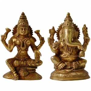 Brass Lakshmi Ganesha Set | Elegant Small Murtis for Spiritual Home Decor | Lakshmi Ganesha Brass Murti ( Yellow, 5 inch)