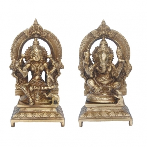 Sacred Brass Lakshmi Ganesha Pair |  Handcrafted Murtis for Temple and Worship Space |  Brass Lakshmi Ganesha Murti Set ( Yellow, 7 inch)