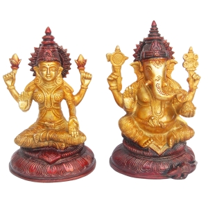 Handcrafted Brass Lakshmi Ganesha Idol | Perfect for Your Sacred Home Temple | Brass Lakshmi Ganesha Statue ( Yellow, 8.3 inch)