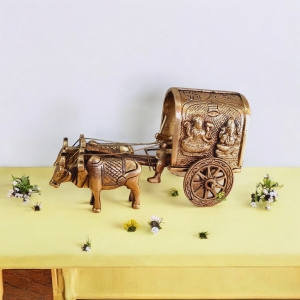 Brass Bullock Cart Statue | Beautiful Vintage Decor for Sacred Spaces | Brass Bullock Cart Showpiece ( Yellow, 6.7 inch)