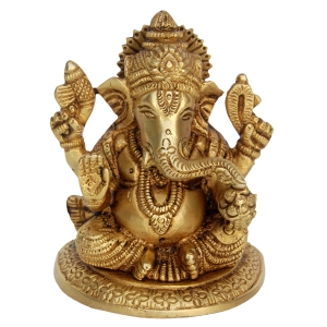 Brass Ganesha Idol |  Ideal for Blessings, Prosperity, and Spiritual Energy | Handmade Mini Brass Ganesha Murti ( Yellow, 3.9 inch)