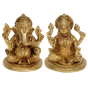 Elegant Brass Laxmi Ganesha Statue | Perfect Decorative Showpiece for Spiritual Ambiance | Handcrafted Laxmi Ganesha Murti in Brass ( Yellow, 3.9 inch)