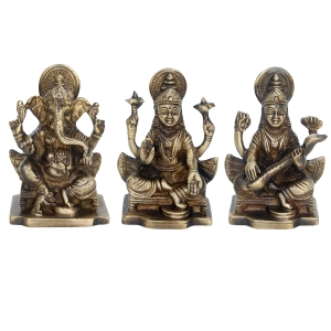 Brass Laxmi Ganesha Saraswati Murti |  Handcrafted Religious Statue for Home Decor | Brass Religious Murti Set ( Brown, 3.9 inch)