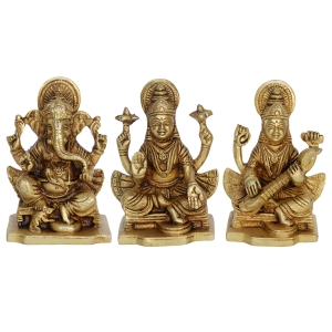 Brass Laxmi, Ganesha, Saraswati Murti |  Aesthetic Religious Statue for Blessings and Decor | Divine Brass Statue Set ( Yellow, 3.9 inch)