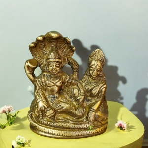 Brass Laxmi Narayan Idol | Divine Showpiece for Home Decor and Blessings | Handcrafted Brass Laxmi Narayan Statue ( Yellow, 4.7 inch)