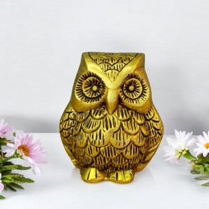 Brass Owl Figurine | Stylish Home Decor Piece for a Vintage Touch | Handcrafted Brass Owl Showpiece ( Yellow, 2.8 inch)