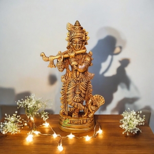 Brass Krishna Statue | Aesthetic Religious Idol for Festive Blessings | Handmade Brass Krishna Idol Showpiece ( Yellow, 7.5 inch)