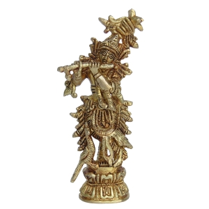 Brass Lord Krishna Idol | Beautiful Divine Idol for Festival and Home Decor | Divine Brass Krishna Murti ( Yellow, 5.5 inch)