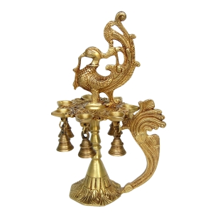 Vintage Brass Bird Oil Lamp | Decorative Antique Diya Stand for Sacred and Spiritual Spaces | Antique Religious Brass Diya With Bell ( Yellow, 13 inch)