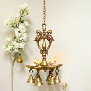 Hanging Peacock Oil Lamp with Hanging Bells