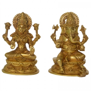 Pair of Laxmi Ganesha Religious Decorative Statue in Brass
