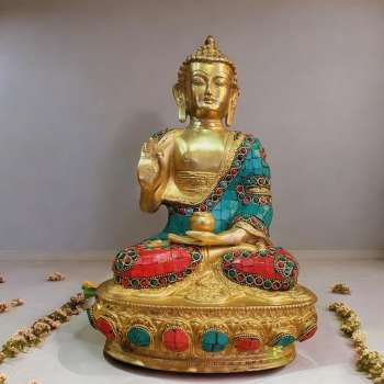 Lord Sitting Buddha with Stone Blessing Antique Idol Art Decor Gifts