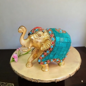 Trunk up Elephant Figurine with Turquoise Gemstones Handwork