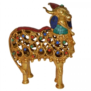 Turquoise work Brass metal Cow sculpture  by Aakrati