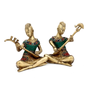 Turquoise Tribal Musician Figurine With Stone Work Set of 2 Pcs