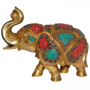 Decorative Gift of Brass made elephant with turquoise coral stone work by Aakrati