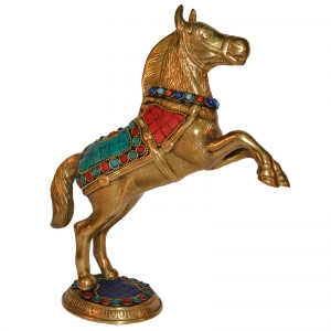 Jumping Horse Statue Made in Brass Metal in Turquoise by Aakrati