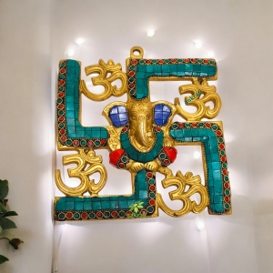 Ganesha and Swastik Brass Wall Hanging/wall Decor Turquoise work