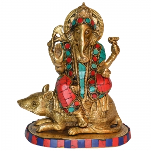 Sitting Ganesha Stone work Brass Metal Pooja Ghar Statue