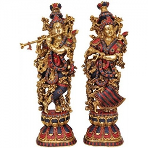 Aakrati Radha Krishna Statue Made in Brass - Hindu God Religious Figurine Idol Turquoise Handwork Big Murti 29 inch in Height | Home Decor | Showpiece | Decorat