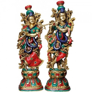 Radha Krishna Idol - Set of 2 - Brass Idols - Turquoise Coral Color - 29