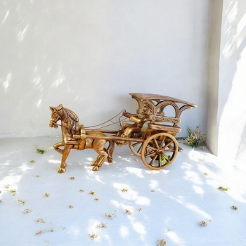 Vintage Brass Carriage Horse Cart - Desk Showpiece/Metal Decorative Gift with Wheel Pull Figurine Statue - Home Decor - Indian Metal Craft - Antique Collection