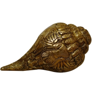 Brass Conch Carved with Lord Vishnu Virat Roop