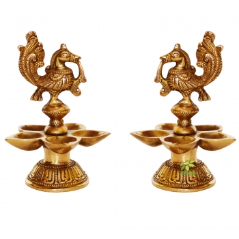 Aakrati Brass Peacock Oil Lamp Pair of Five Wicks for Decor and Worship Decorative Bird Metal Lamp (Pack of 2)