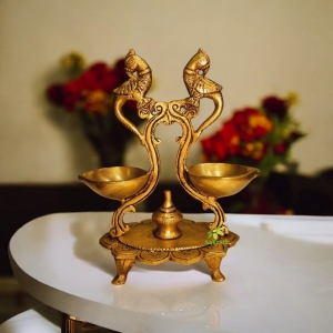 Diya Brass Lamp Traditional Puja Lotus feet Pooja Set Oil Deepak - Brass Peacock Diya Jyoti Deepak Oil Lamp Wick for Pooja, Home Temple, Showpiece, Home Decor, 