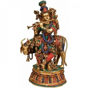 Lord Krishna Playing Flute with Cow Sculpture