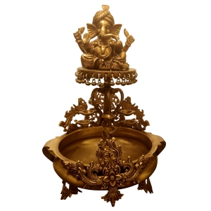 Brass made event decor floating candle stand - Urli with Lord Ganesha figure on it 