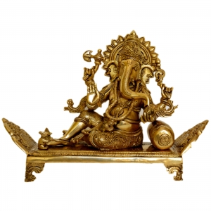 Sitting Lord Ganesha on a decorated throne brass made statue by Aakrati