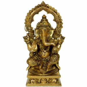 Lord Ganesha sitting on a decorated chowki brass made Pooja ghar home decor statue