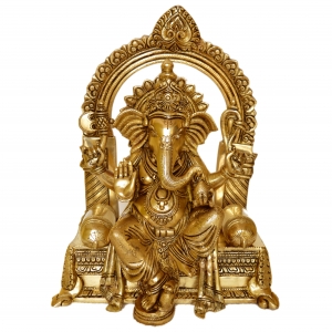 Lord Ganesha sitting on a decorated chowki brass made Pooja ghar home decor statue