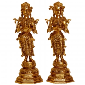 Deep laxmi pair hand carved brass metal pooja ghar event decor table showpiece 