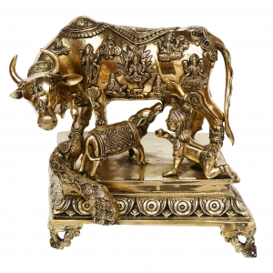 Decorative Nandi/Cow with calf sitting baby krishna near to calf brass made temple/gift purpose statue