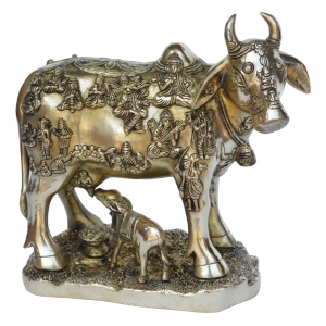 Kamdhenu Cow with calf brass made hand carved antique finish statue